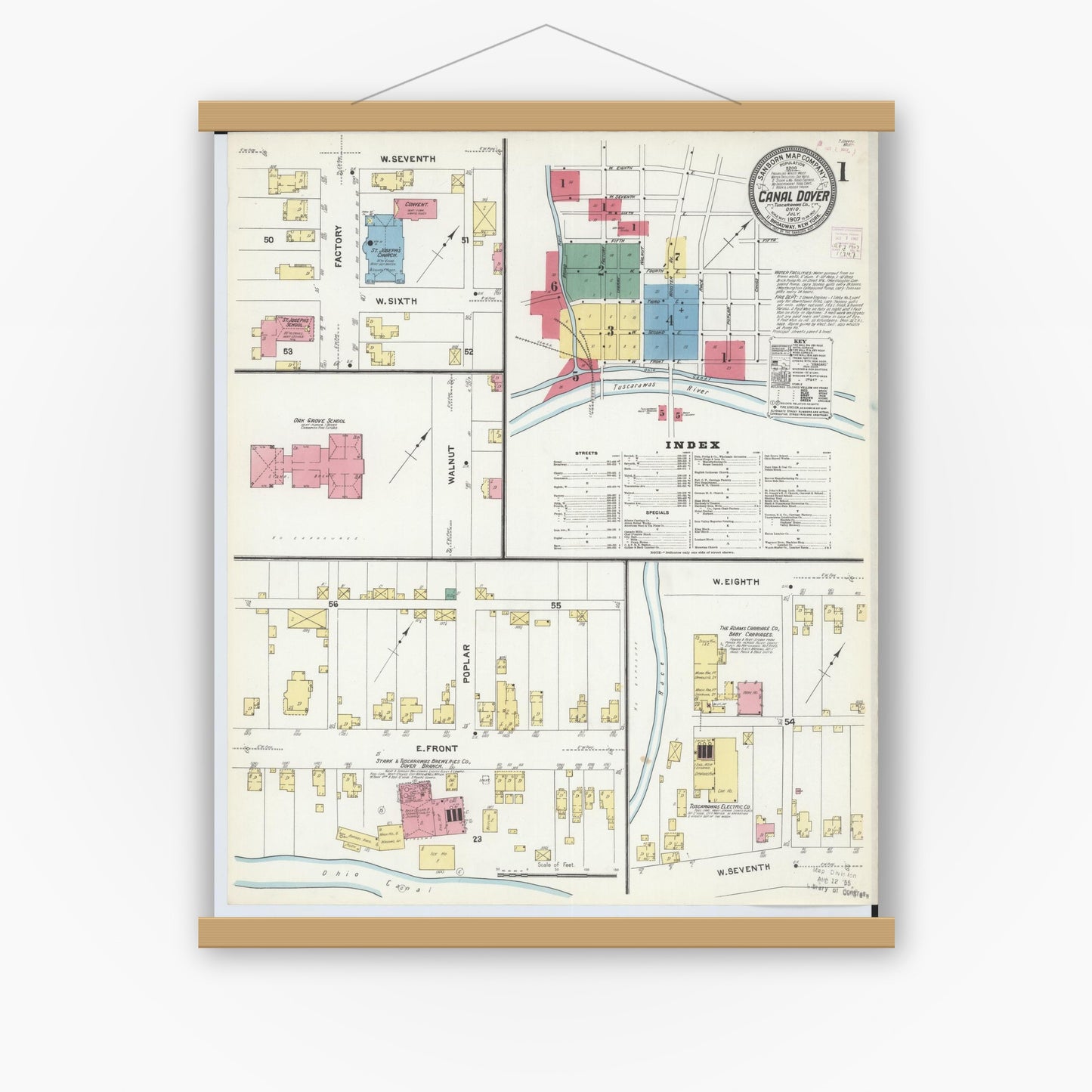 Old map wall art mockup — magnetic wood frame on white wall — Sanborn Fire Insurance Map from Canal Dover, Tuscarawas County, Ohio (1907) - Complete Map Set
