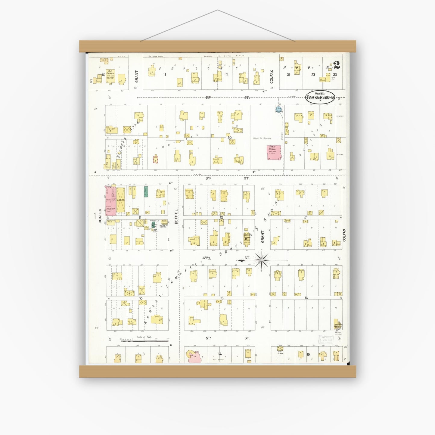 Old map wall art mockup — magnetic wood frame on white wall — Sanborn Fire Insurance Map from Parkersburg, Butler County, Iowa (1902), Sheet #0002