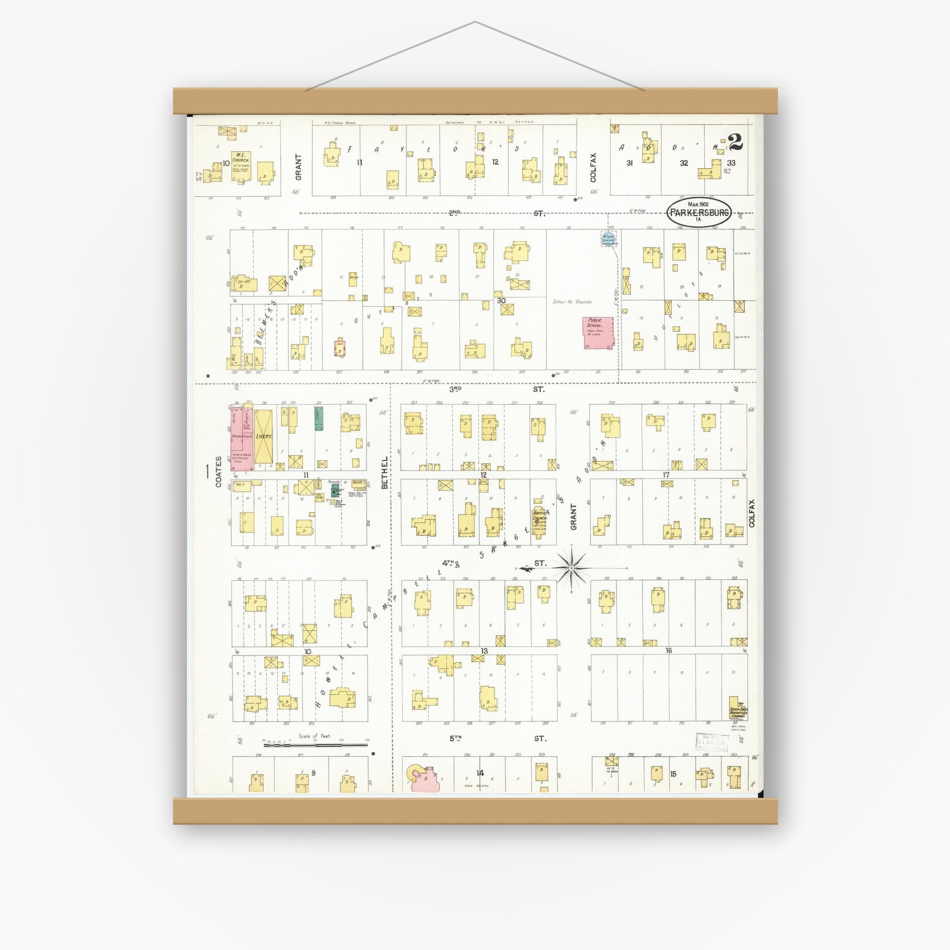 Old map wall art mockup — magnetic wood frame on white wall — Sanborn Fire Insurance Map from Parkersburg, Butler County, Iowa (1902), Sheet #0002