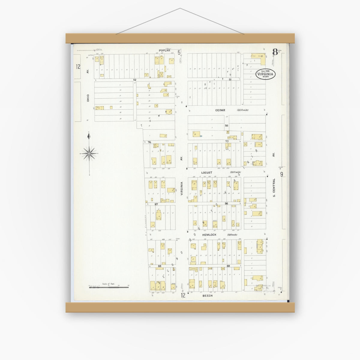 Old map wall art mockup — magnetic wood frame on white wall — Sanborn Fire Insurance Map from Virginia, Saint Louis County, Minnesota (1908), Sheet #0008