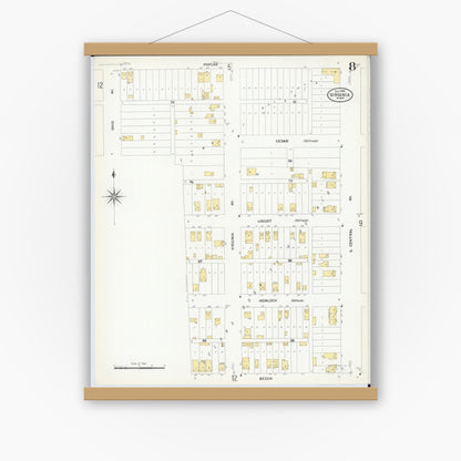 Old map wall art mockup — magnetic wood frame on white wall — Sanborn Fire Insurance Map from Virginia, Saint Louis County, Minnesota (1908), Sheet #0008