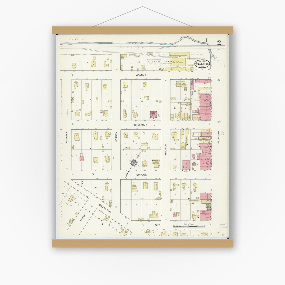 Old map wall art mockup — magnetic wood frame on white wall — Sanborn Fire Insurance Map from Gillespie, Macoupin County, Illinois (1913), Sheet #0002