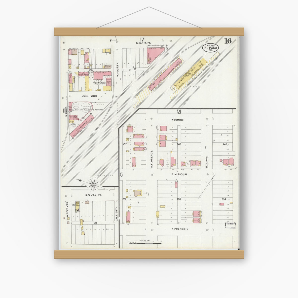 Old map wall art mockup — magnetic wood frame on white wall — Sanborn Fire Insurance Map from El Paso, El Paso County, Texas (1898), Sheet #0016