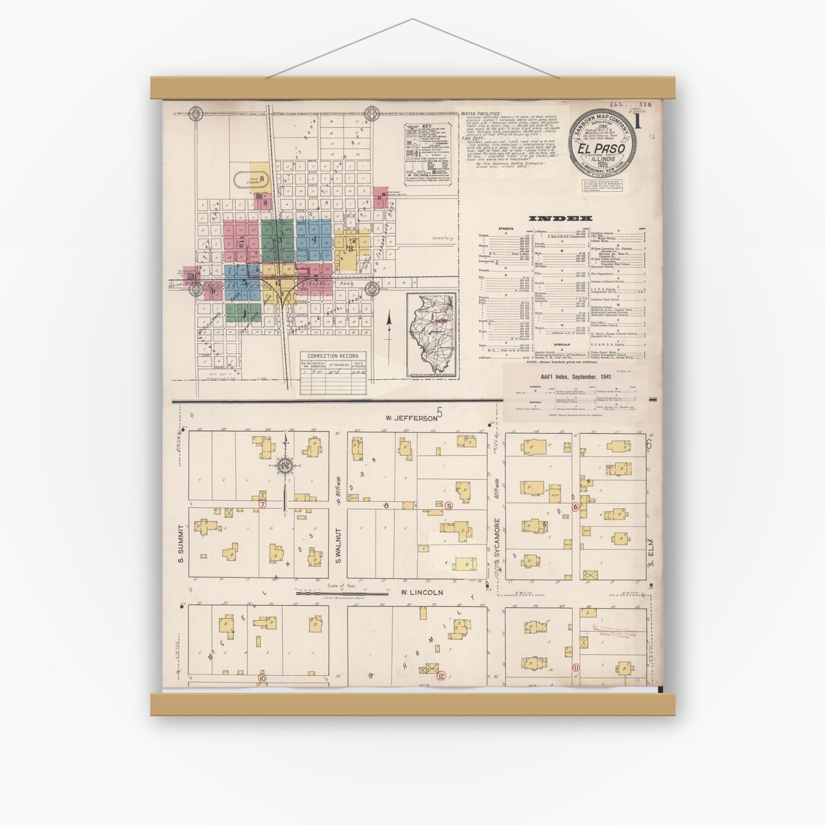 Old map wall art mockup — magnetic wood frame on white wall — Sanborn Fire Insurance Map from El Paso, Woodford County, Illinois (1941), Sheet #0001