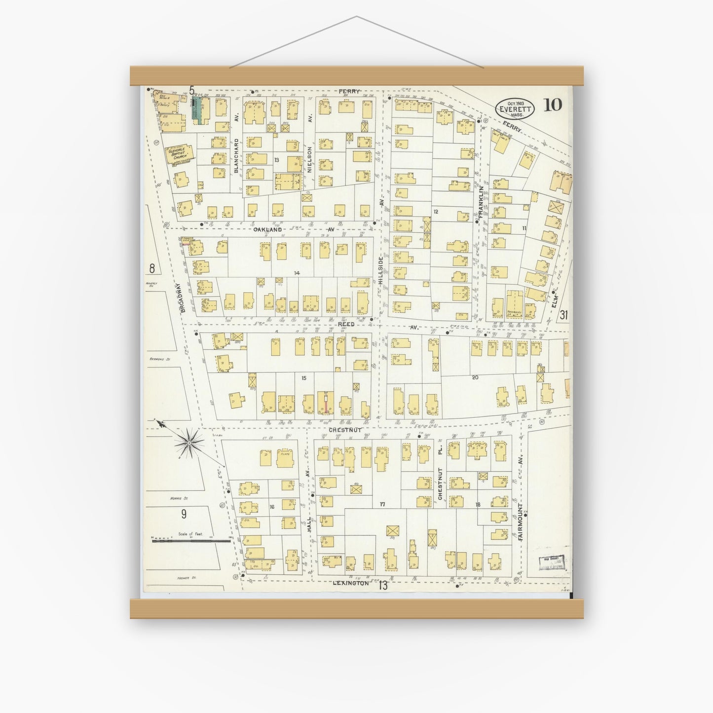 Old map wall art mockup — magnetic wood frame on white wall — Sanborn Fire Insurance Map from Everett, Middlesex County, Massachusetts (1903), Sheet #0010