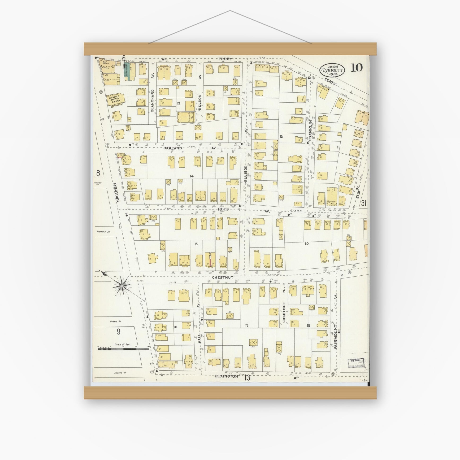 Old map wall art mockup — magnetic wood frame on white wall — Sanborn Fire Insurance Map from Everett, Middlesex County, Massachusetts (1903), Sheet #0010