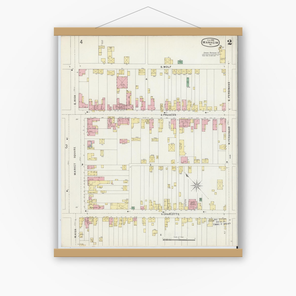 Old map wall art mockup — magnetic wood frame on white wall — Sanborn Fire Insurance Map from Manheim, Lancaster County, Pennsylvania (1896), Sheet #0002