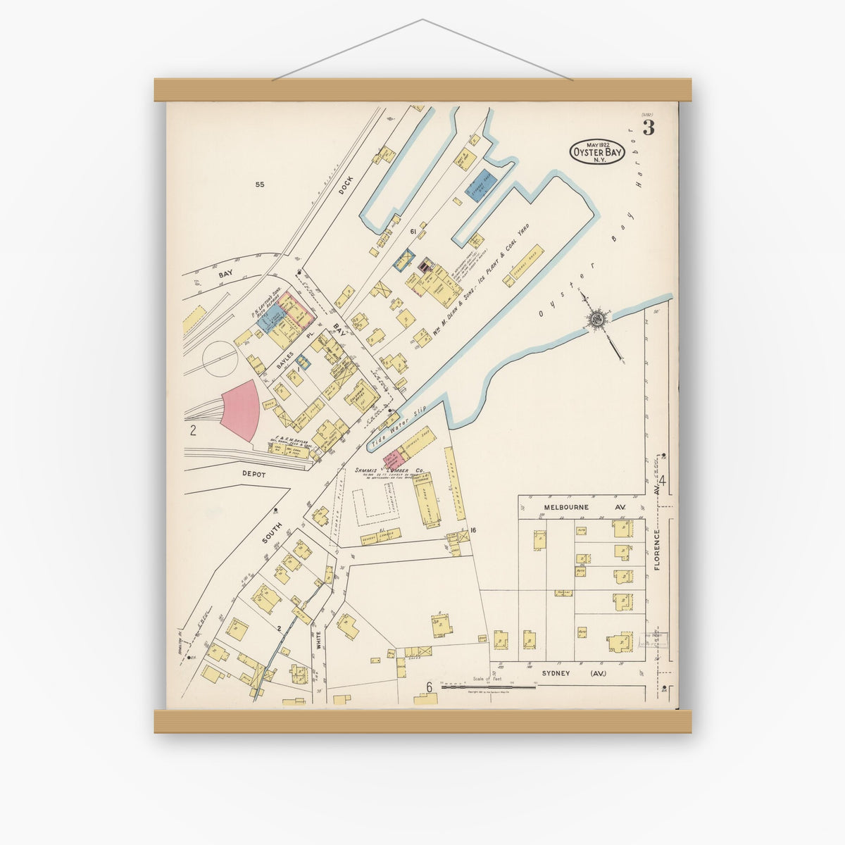 Old map wall art mockup — magnetic wood frame on white wall — Sanborn Fire Insurance Map from Oyster Bay, Nassau County, New York (1922), Sheet #0003