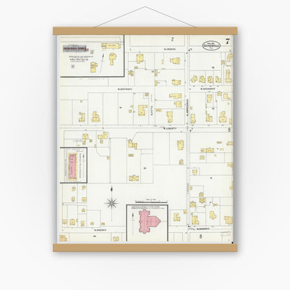 Old map wall art mockup — magnetic wood frame on white wall — Sanborn Fire Insurance Map from Gainesville, Alachua County, Florida (1903), Sheet #0007