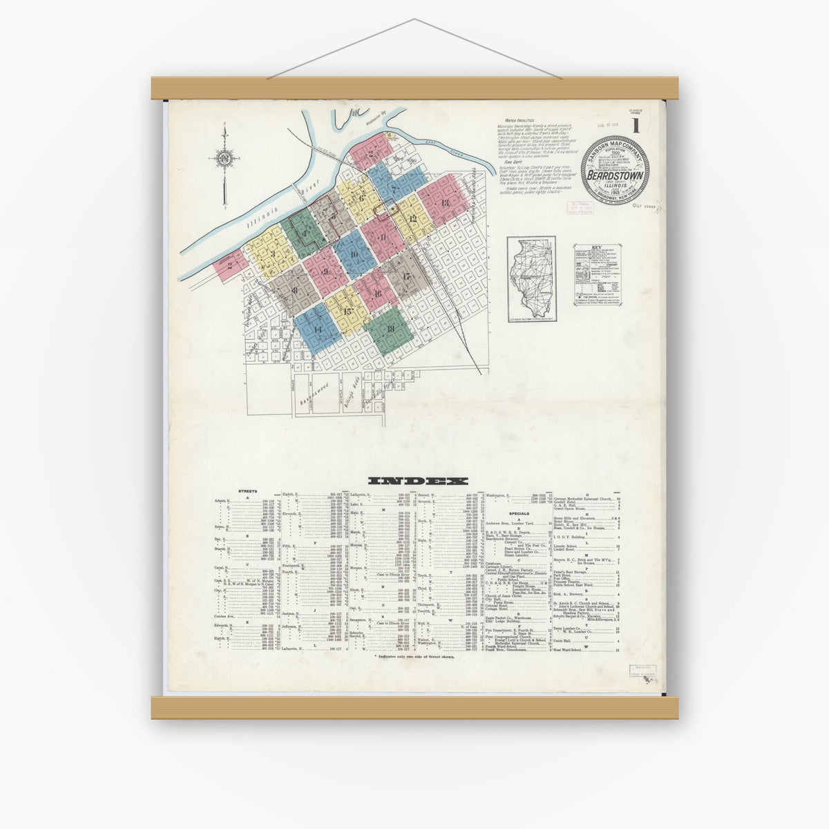 Old map wall art mockup — magnetic wood frame on white wall — Sanborn Fire Insurance Map from Beardstown, Cass County, Illinois (1913), Sheet #0001