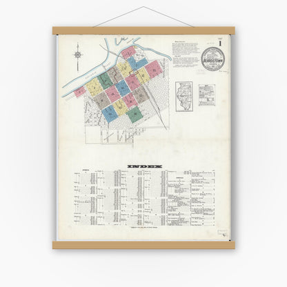 Old map wall art mockup — magnetic wood frame on white wall — Sanborn Fire Insurance Map from Beardstown, Cass County, Illinois (1913), Sheet #0001