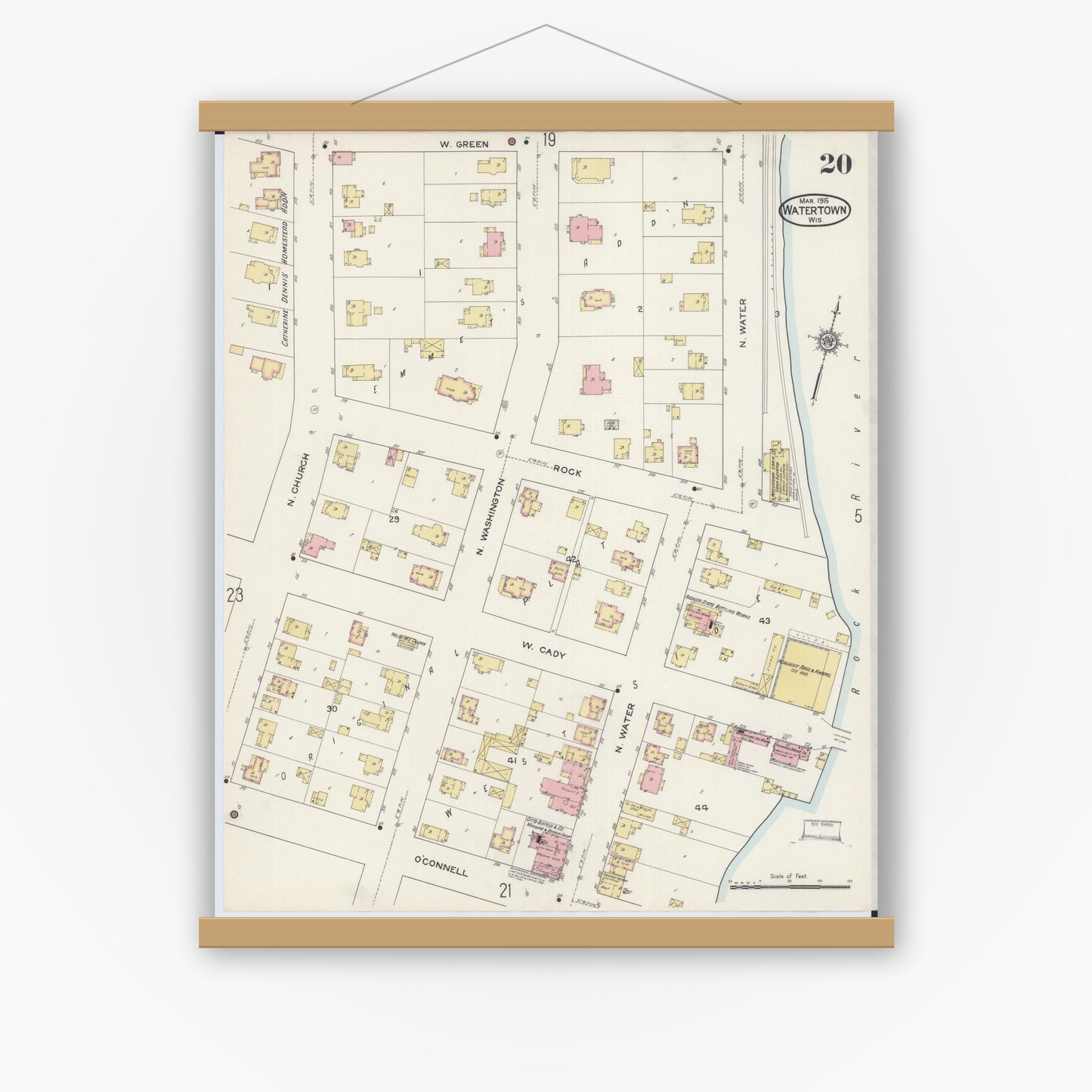 Old map wall art mockup — magnetic wood frame on white wall — Sanborn Fire Insurance Map from Watertown, Jefferson County, Wisconsin (1915), Sheet #0021