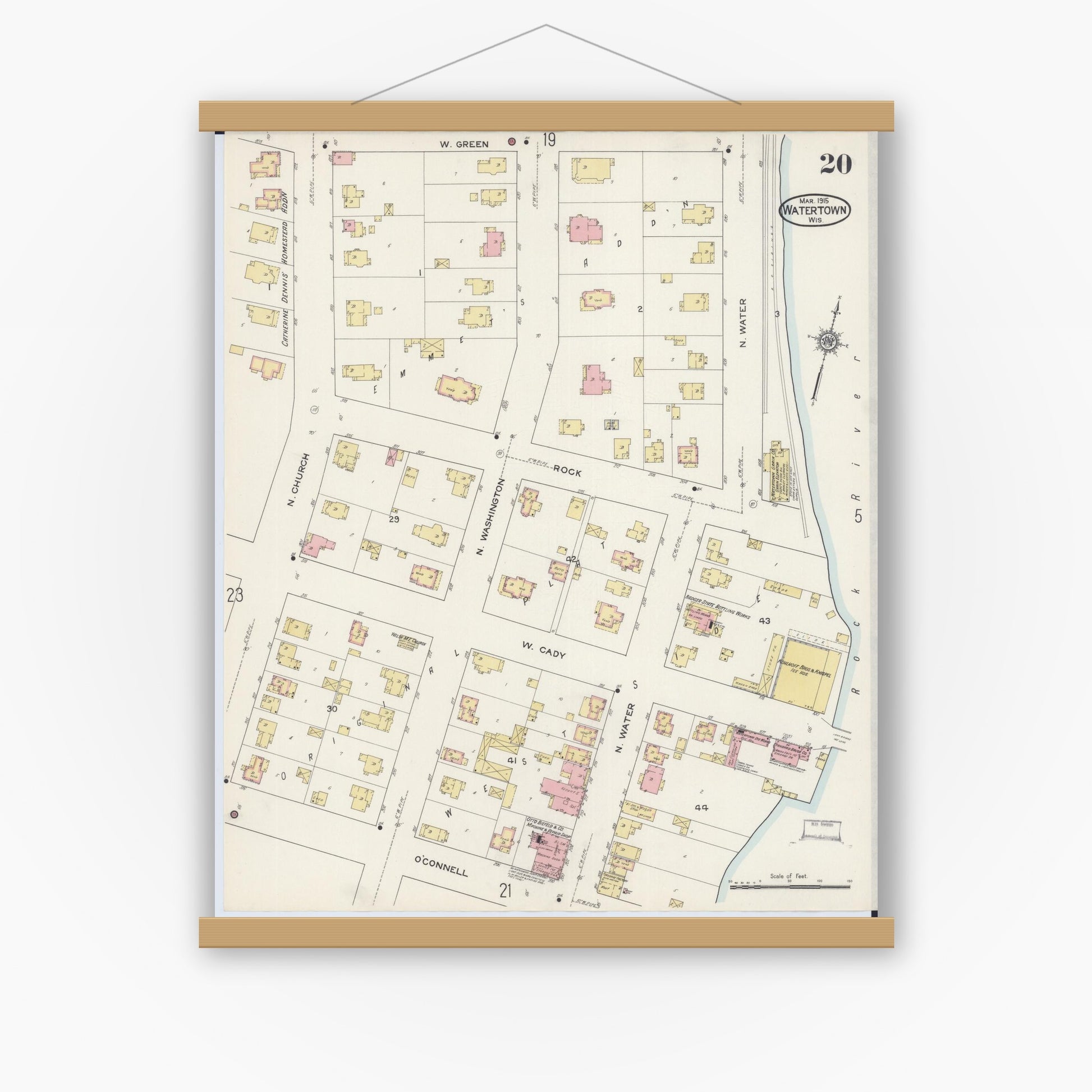 Old map wall art mockup — magnetic wood frame on white wall — Sanborn Fire Insurance Map from Watertown, Jefferson County, Wisconsin (1915), Sheet #0021