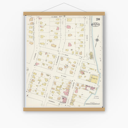 Old map wall art mockup — magnetic wood frame on white wall — Sanborn Fire Insurance Map from Watertown, Jefferson County, Wisconsin (1915), Sheet #0021