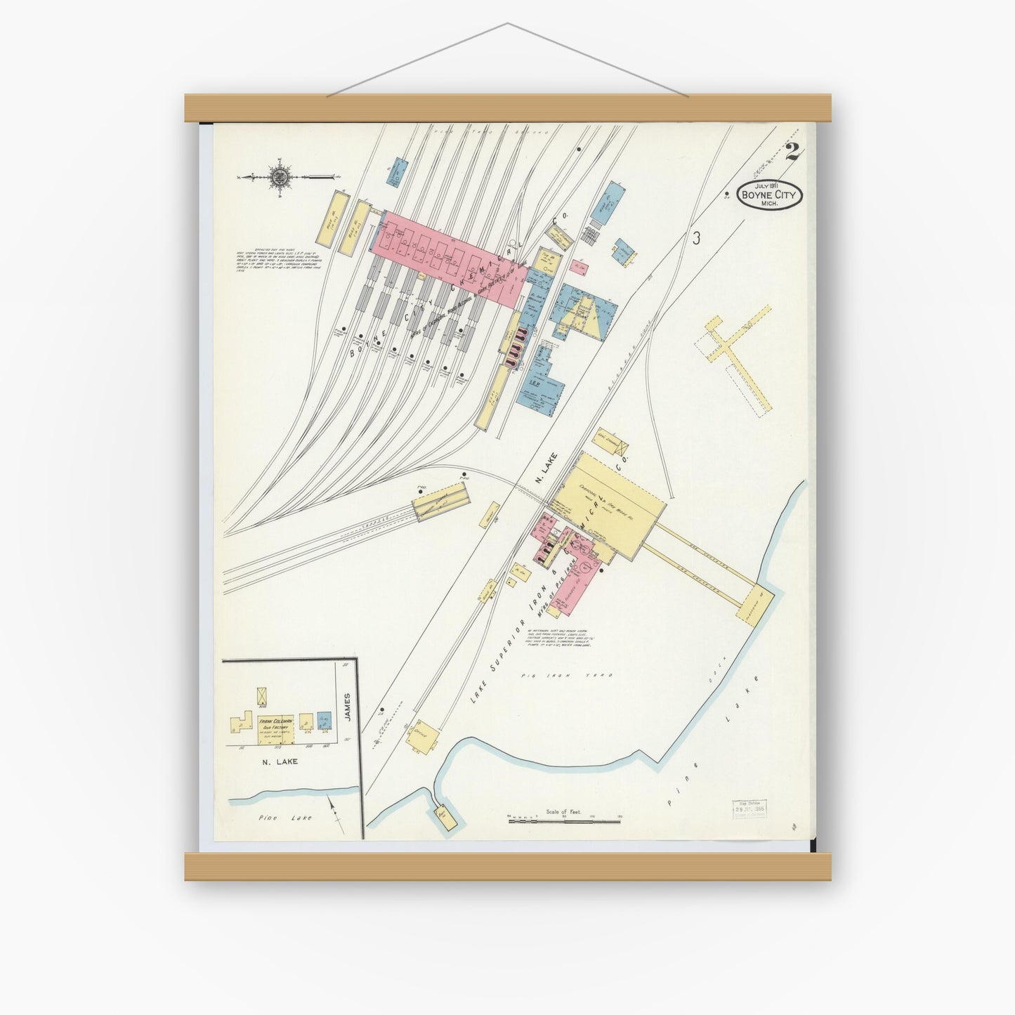 Old map wall art mockup — magnetic wood frame on white wall — Sanborn Fire Insurance Map from Boyne City, Charlevoix County, Michigan (1911), Sheet #0002
