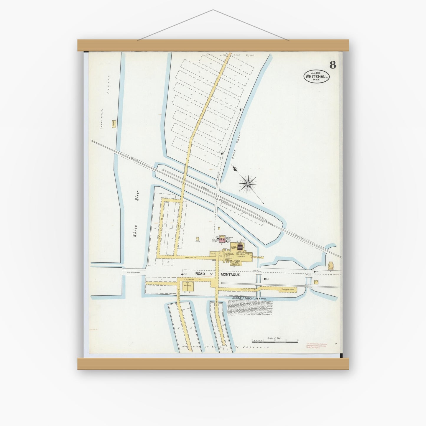 Old map wall art mockup — magnetic wood frame on white wall — Sanborn Fire Insurance Map from Whitehall, Muskegon County, Michigan (1902), Sheet #0008