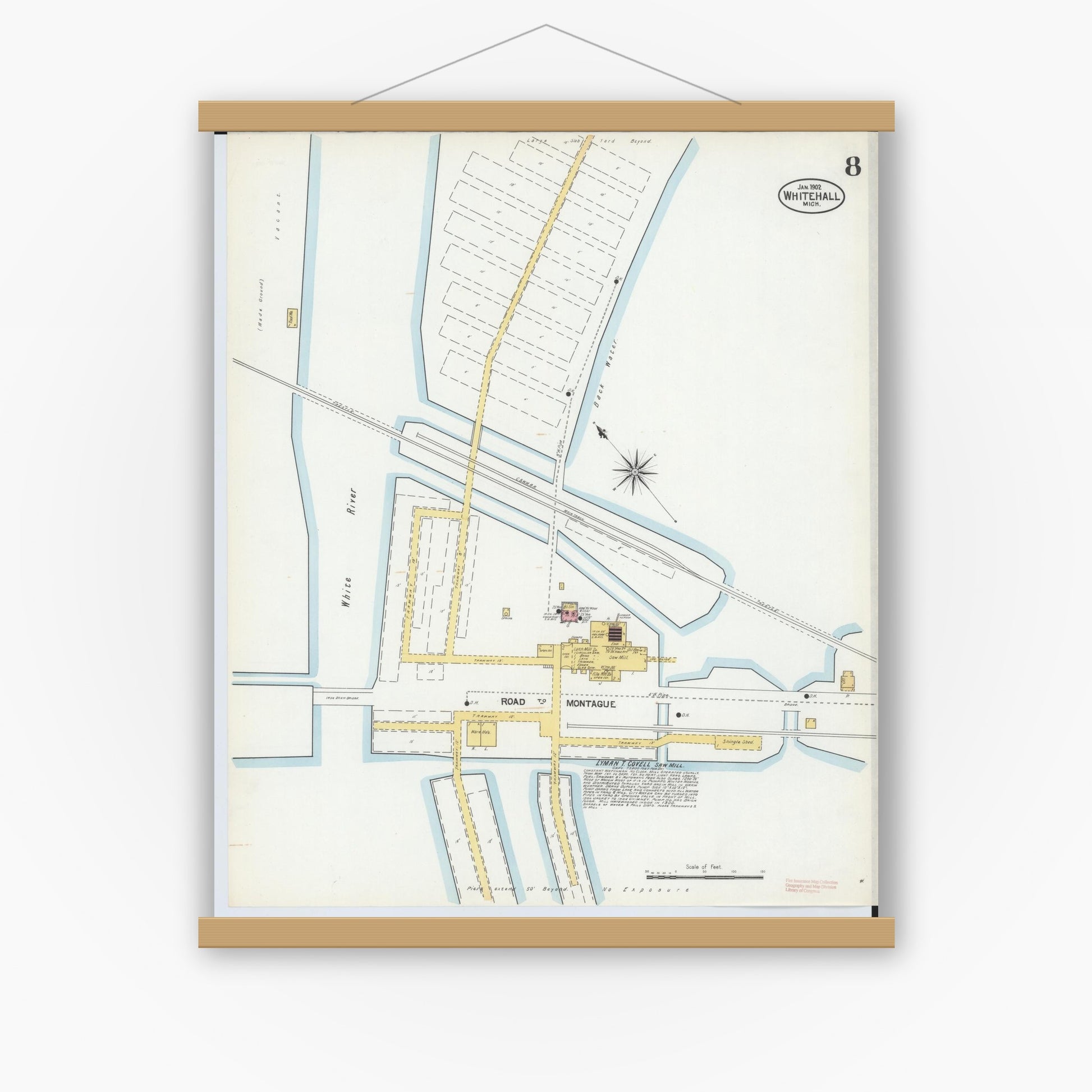 Old map wall art mockup — magnetic wood frame on white wall — Sanborn Fire Insurance Map from Whitehall, Muskegon County, Michigan (1902), Sheet #0008