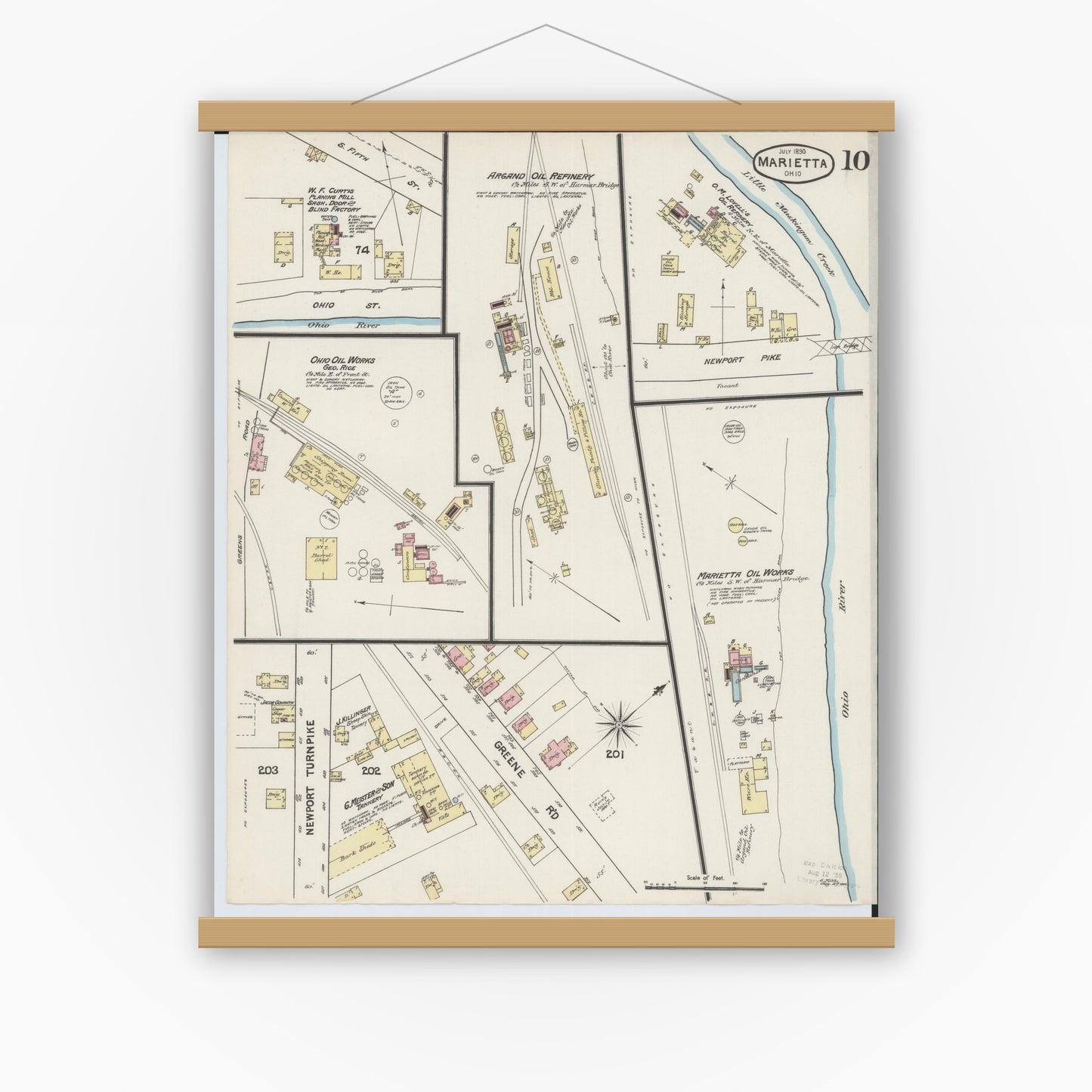 Old map wall art mockup — magnetic wood frame on white wall — Sanborn Fire Insurance Map from Marietta, Washington County, Ohio (1890), Sheet #0010