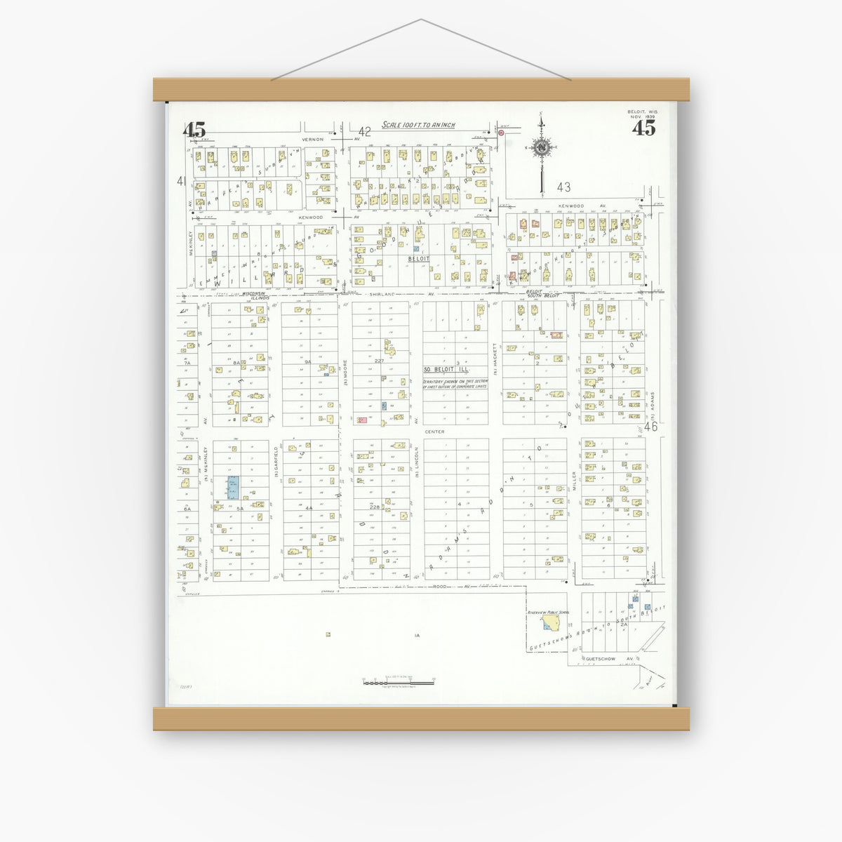 Old map wall art mockup — magnetic wood frame on white wall — Sanborn Fire Insurance Map from Beloit, Rock County, Wisconsin (1939), Sheet #0045