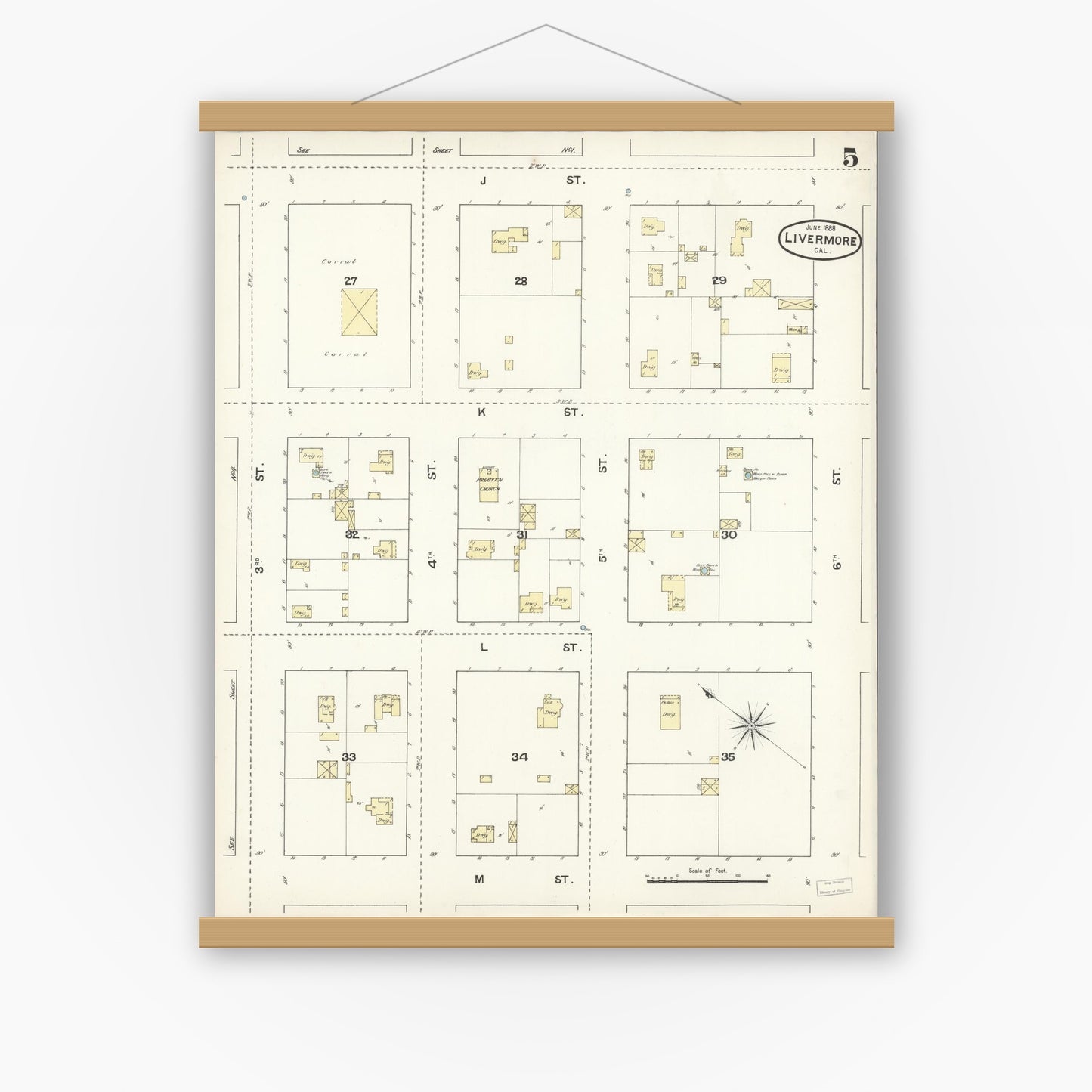 Old map wall art mockup — magnetic wood frame on white wall — Sanborn Fire Insurance Map from Livermore, Alameda County, California (1888), Sheet #0005