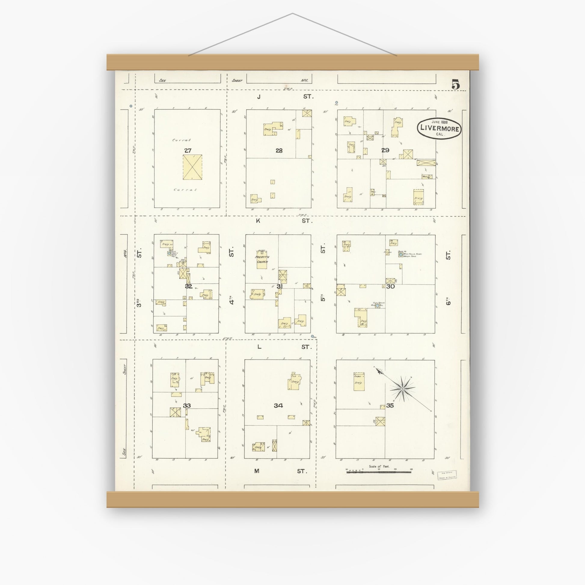 Old map wall art mockup — magnetic wood frame on white wall — Sanborn Fire Insurance Map from Livermore, Alameda County, California (1888), Sheet #0005