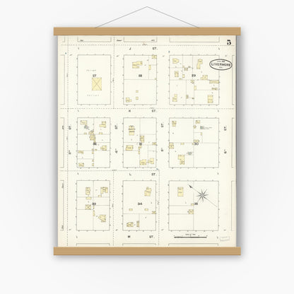 Old map wall art mockup — magnetic wood frame on white wall — Sanborn Fire Insurance Map from Livermore, Alameda County, California (1888), Sheet #0005
