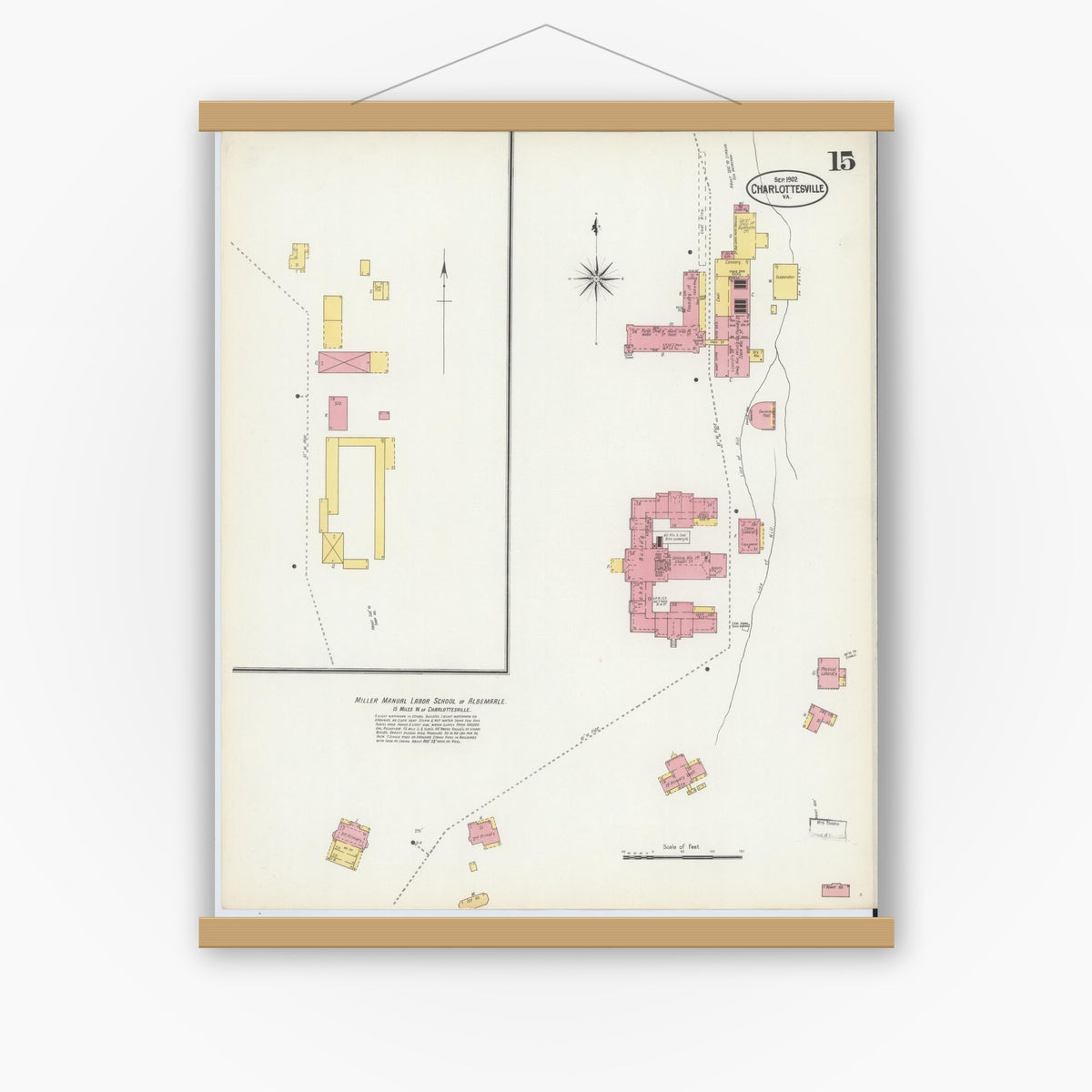 Old map wall art mockup — magnetic wood frame on white wall — Sanborn Fire Insurance Map from Charlottesville, Independent Cities, Virginia (1902), Sheet #0015