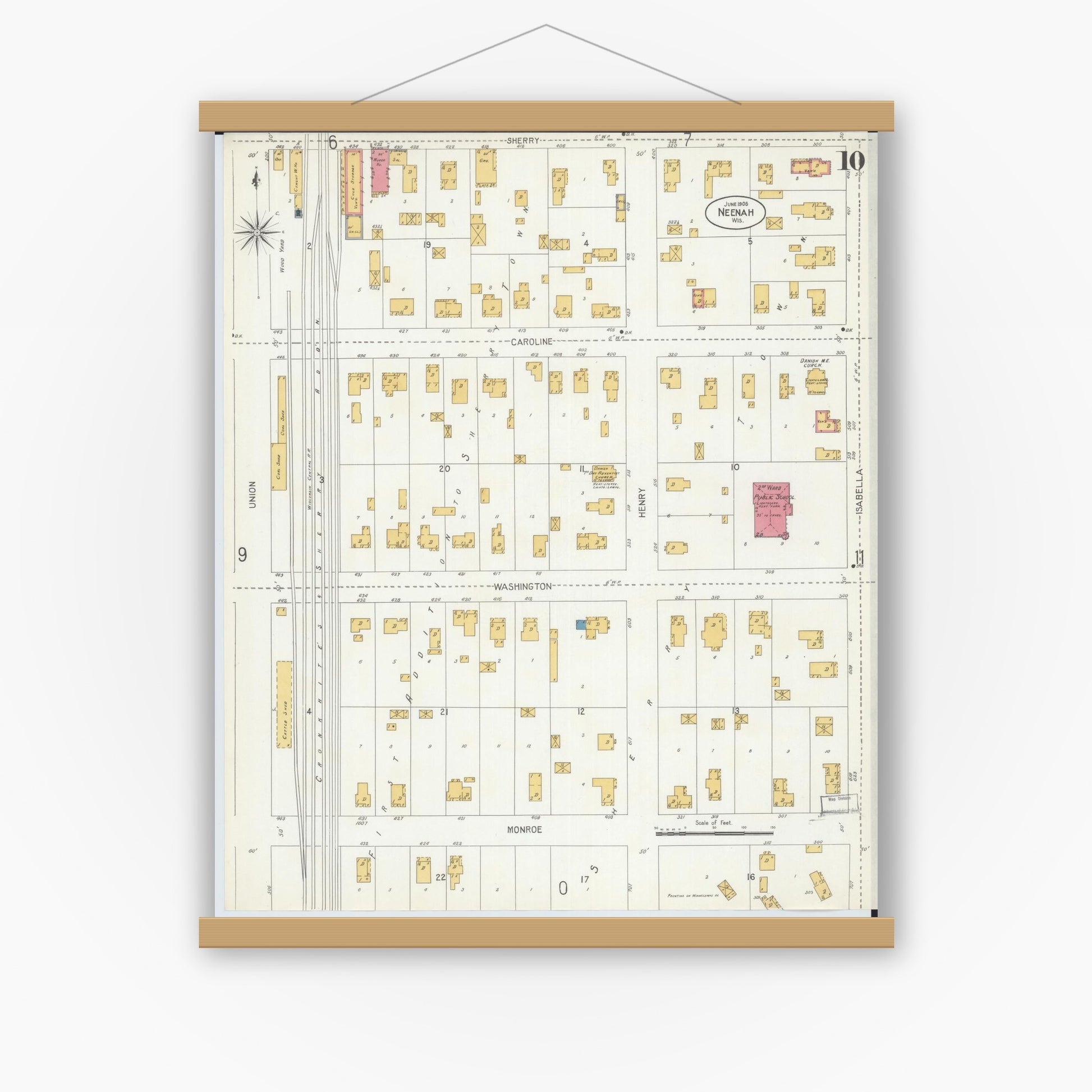 Old map wall art mockup — magnetic wood frame on white wall — Sanborn Fire Insurance Map from Neenah, Winnebago County, Wisconsin (1906), Sheet #0010