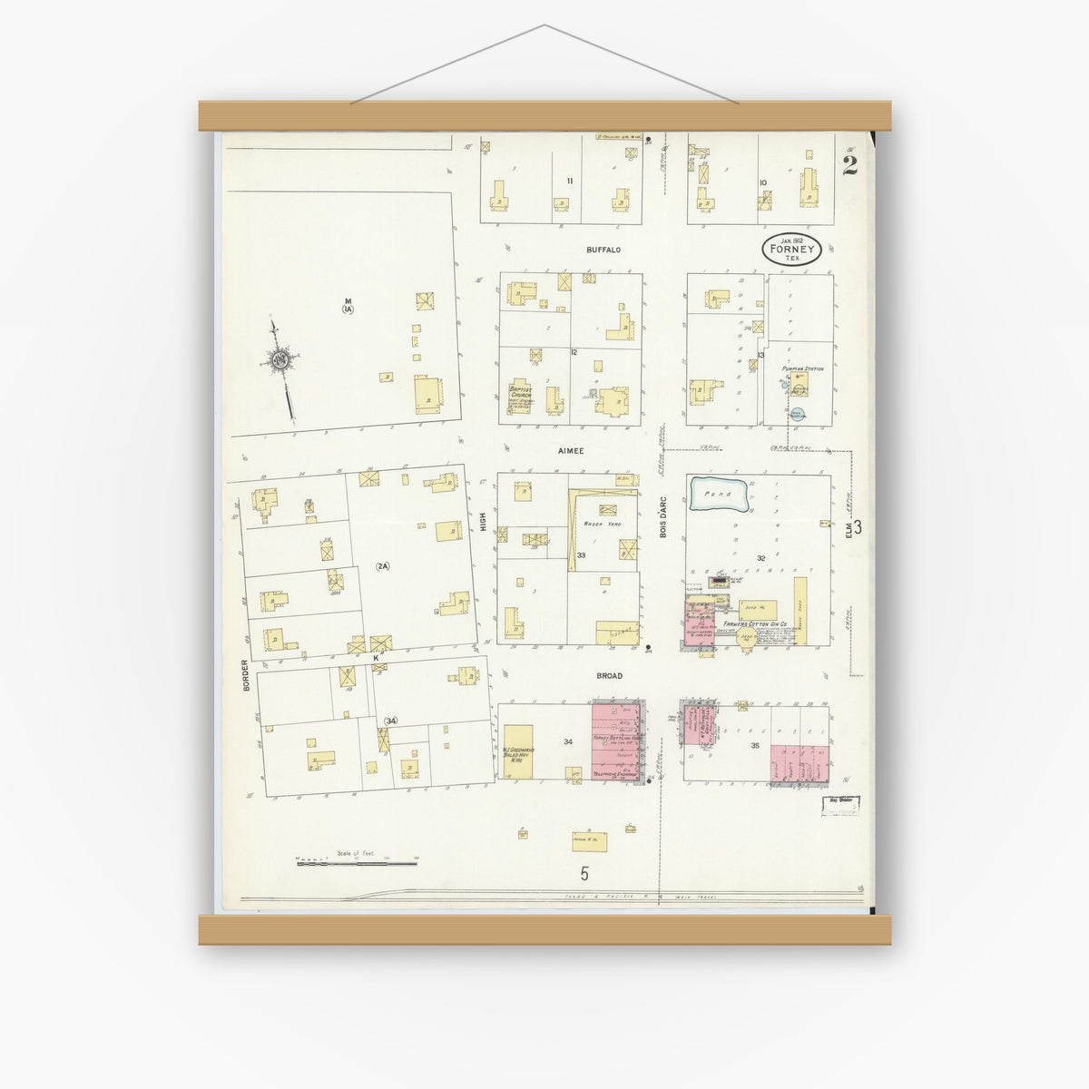 Old map wall art mockup — magnetic wood frame on white wall — Sanborn Fire Insurance Map from Forney, Kaufman County, Texas (1912), Sheet #0002