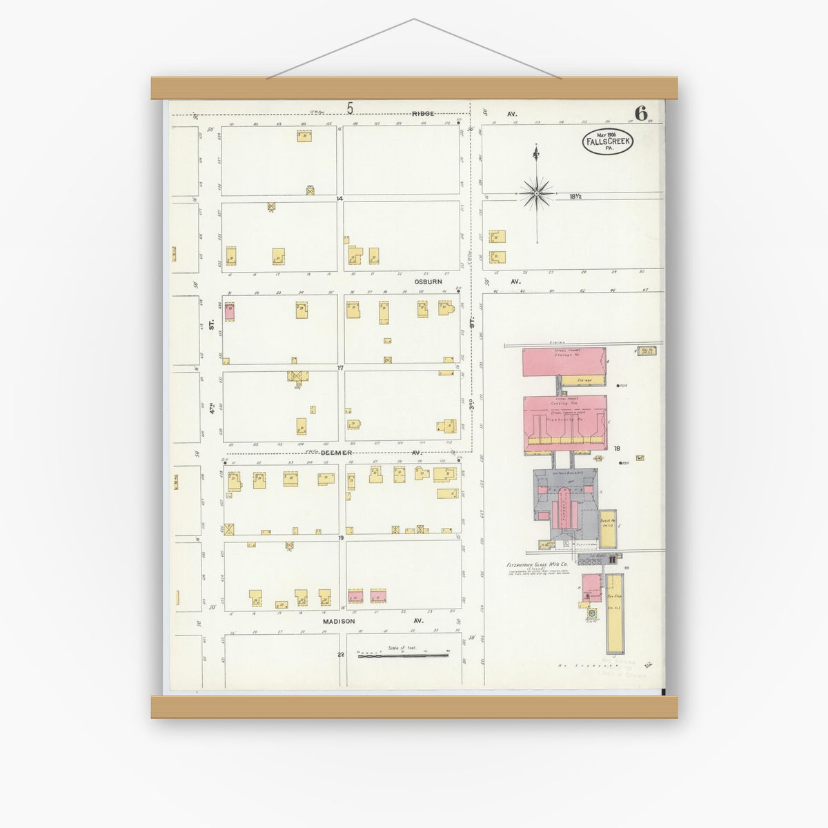 Old map wall art mockup — magnetic wood frame on white wall — Sanborn Fire Insurance Map from Falls Creek, Jefferson And Clearfield Counties, Pennsylvania (1906), Sheet #0006