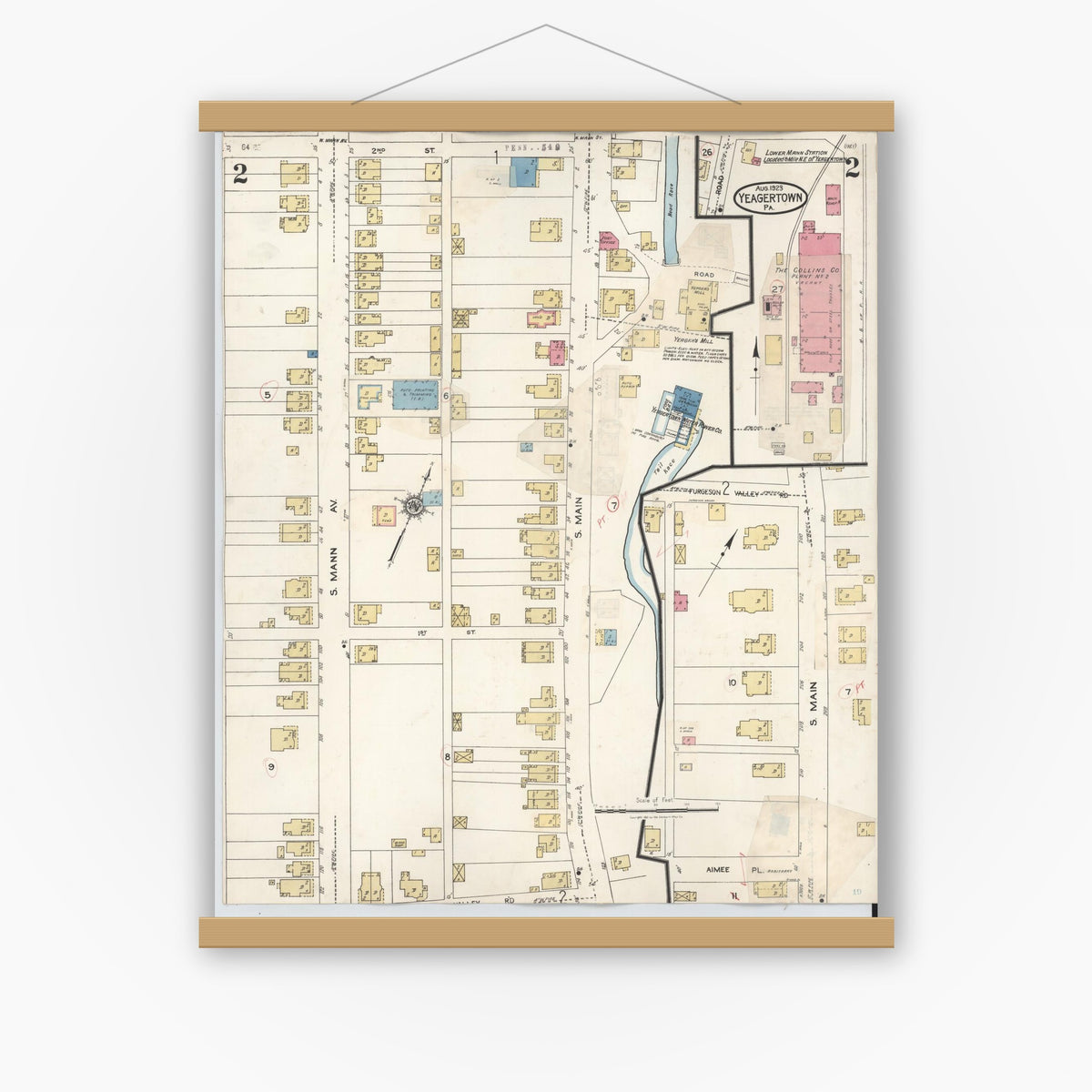 Old map wall art mockup — magnetic wood frame on white wall — Sanborn Fire Insurance Map from Yeagertown, Mifflin County, Pennsylvania (1928), Sheet #0002