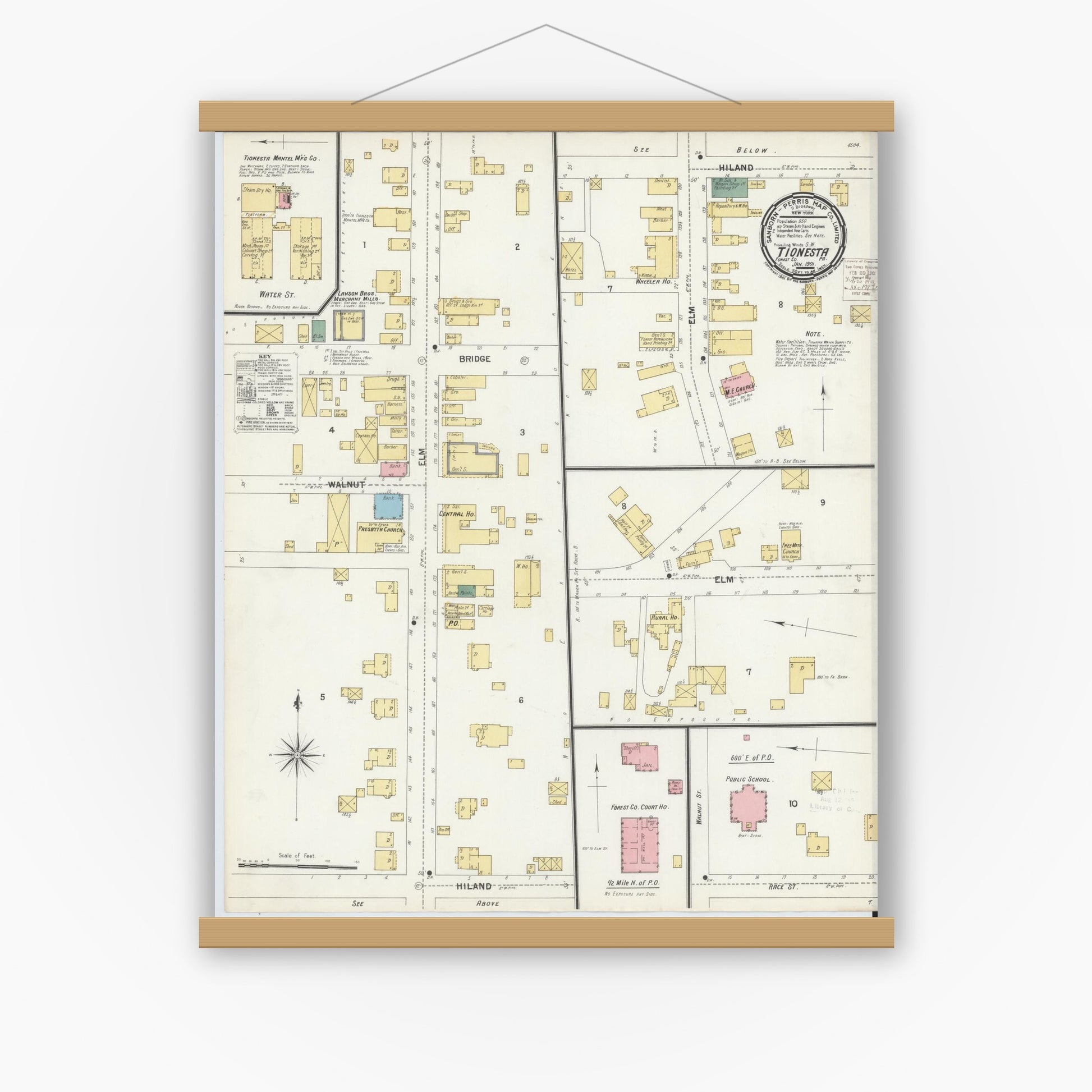 Old map wall art mockup — magnetic wood frame on white wall — Sanborn Fire Insurance Map from Tionesta, Forest County, Pennsylvania (1901), Sheet #0001