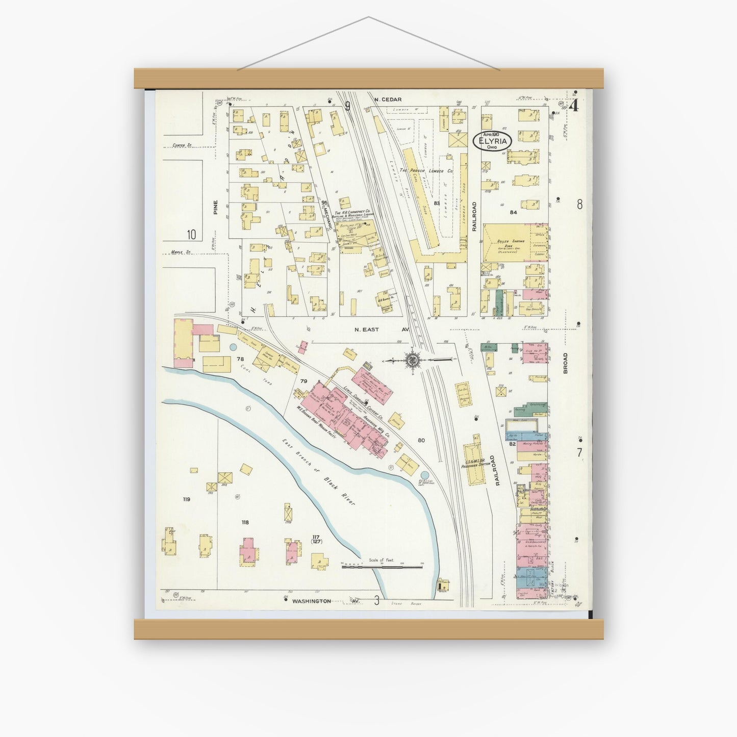 Old map wall art mockup — magnetic wood frame on white wall — Sanborn Fire Insurance Map from Elyria, Lorain County, Ohio (1910), Sheet #0004