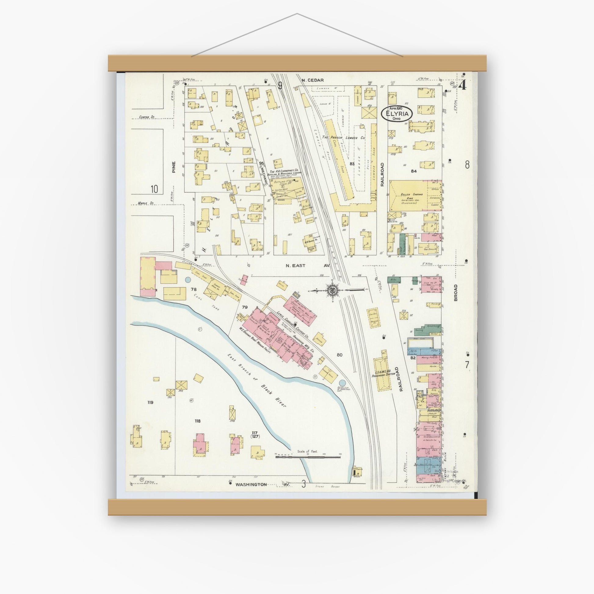 Old map wall art mockup — magnetic wood frame on white wall — Sanborn Fire Insurance Map from Elyria, Lorain County, Ohio (1910), Sheet #0004