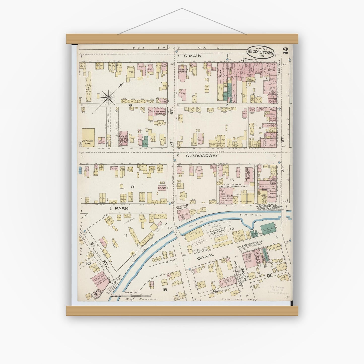 Old map wall art mockup — magnetic wood frame on white wall — Sanborn Fire Insurance Map from Middletown, Butler County, Ohio (1885), Sheet #0002