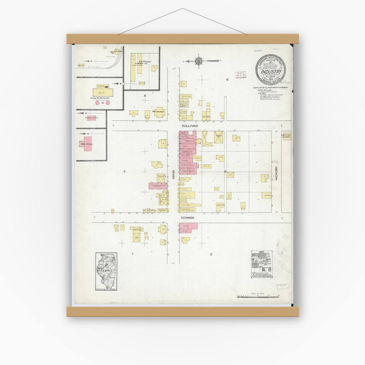 Old map wall art mockup — magnetic wood frame on white wall — Sanborn Fire Insurance Map from Industry, Mcdonough County, Illinois (1914), Sheet #0001