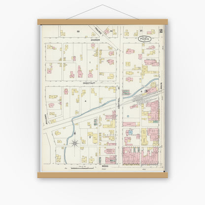 Old map wall art mockup — magnetic wood frame on white wall — Sanborn Fire Insurance Map from Paris, Edgar County, Illinois (1890), Sheet #0002