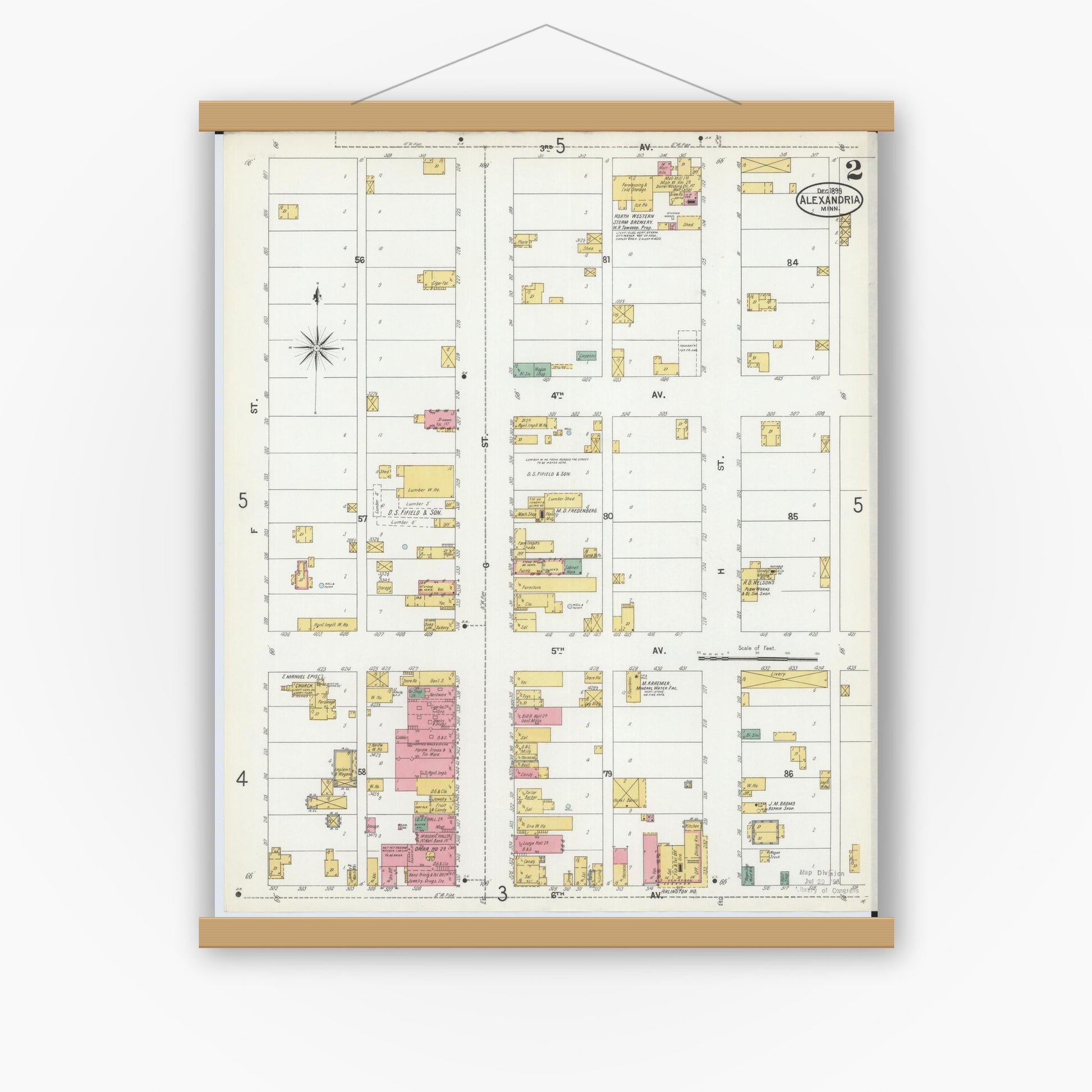 Old map wall art mockup — magnetic wood frame on white wall — Sanborn Fire Insurance Map from Alexandria, Douglas County, Minnesota (1899), Sheet #0002