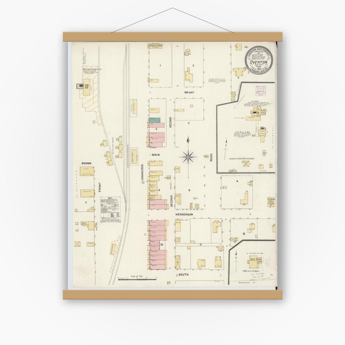 Old map wall art mockup — magnetic wood frame on white wall — Sanborn Fire Insurance Map from Overton, Rusk County, Texas (1907), Sheet #0001