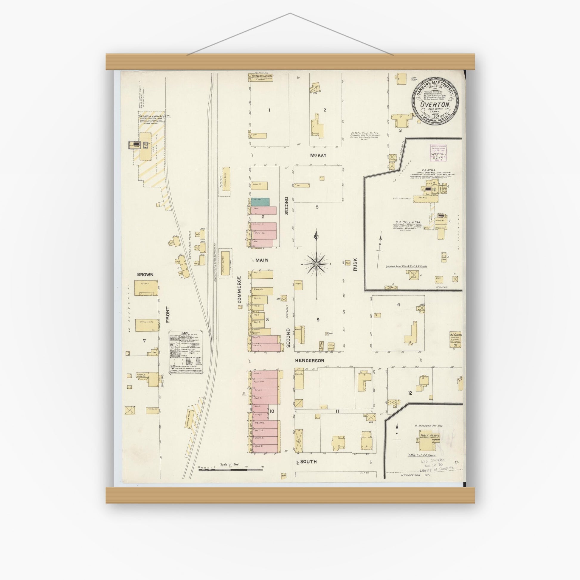 Old map wall art mockup — magnetic wood frame on white wall — Sanborn Fire Insurance Map from Overton, Rusk County, Texas (1907), Sheet #0001