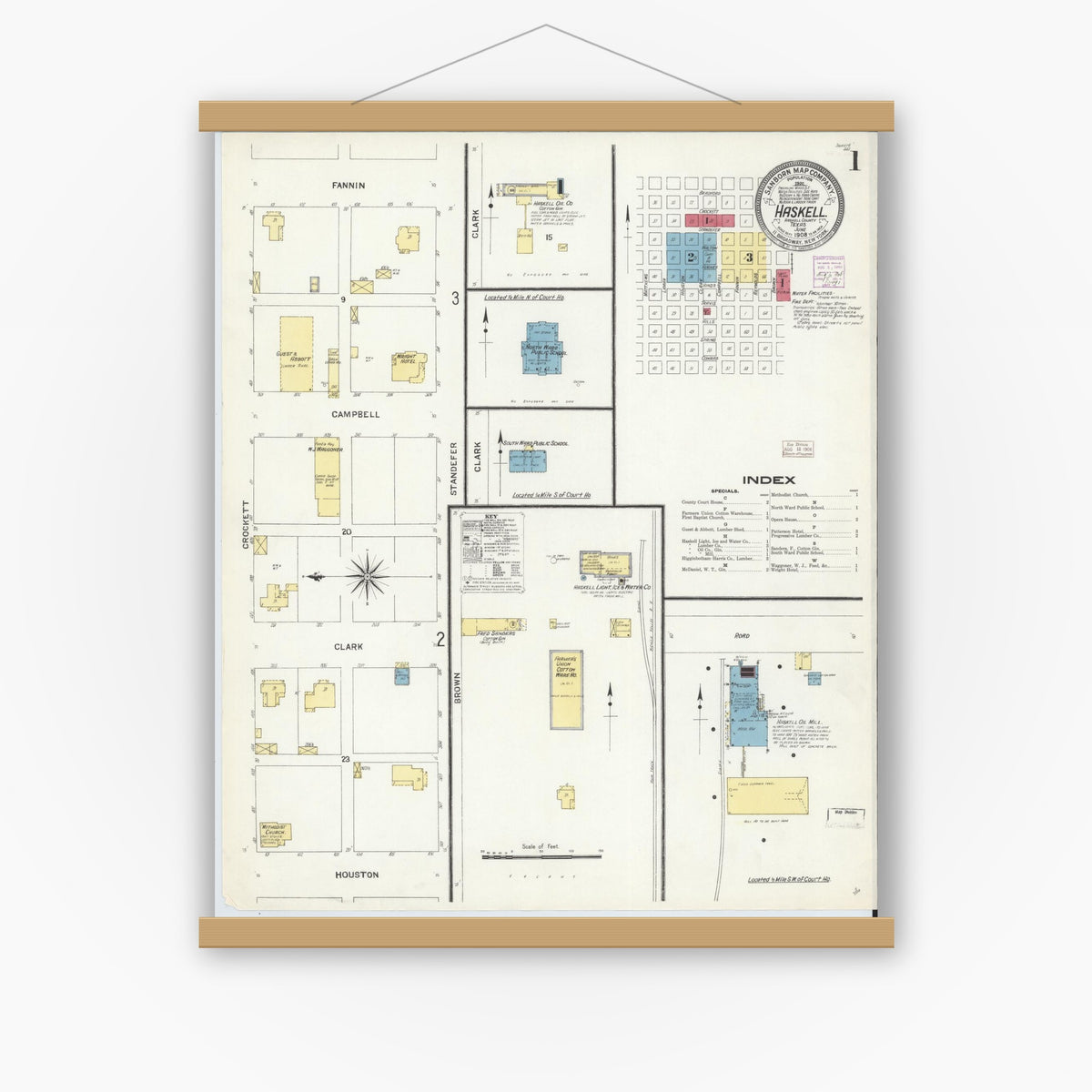 Old map wall art mockup — magnetic wood frame on white wall — Sanborn Fire Insurance Map from Haskell, Haskell County, Texas (1908) - Complete Map Set
