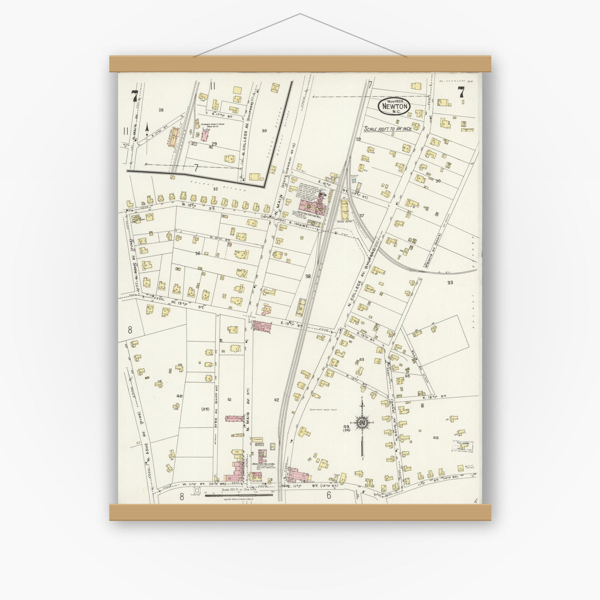 Old map wall art mockup — magnetic wood frame on white wall — Sanborn Fire Insurance Map from Newton, Catawba County, North Carolina (1924), Sheet #0007