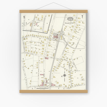 Old map wall art mockup — magnetic wood frame on white wall — Sanborn Fire Insurance Map from Newton, Catawba County, North Carolina (1924), Sheet #0007