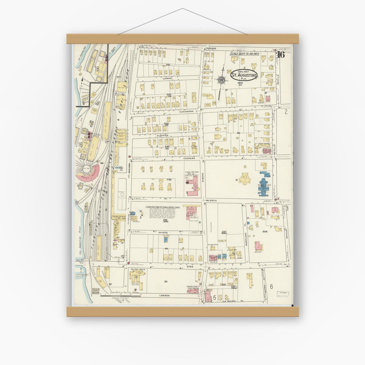 Old map wall art mockup — magnetic wood frame on white wall — Sanborn Fire Insurance Map from Saint Augustine, Saint John's County, Florida (1917), Sheet #0016