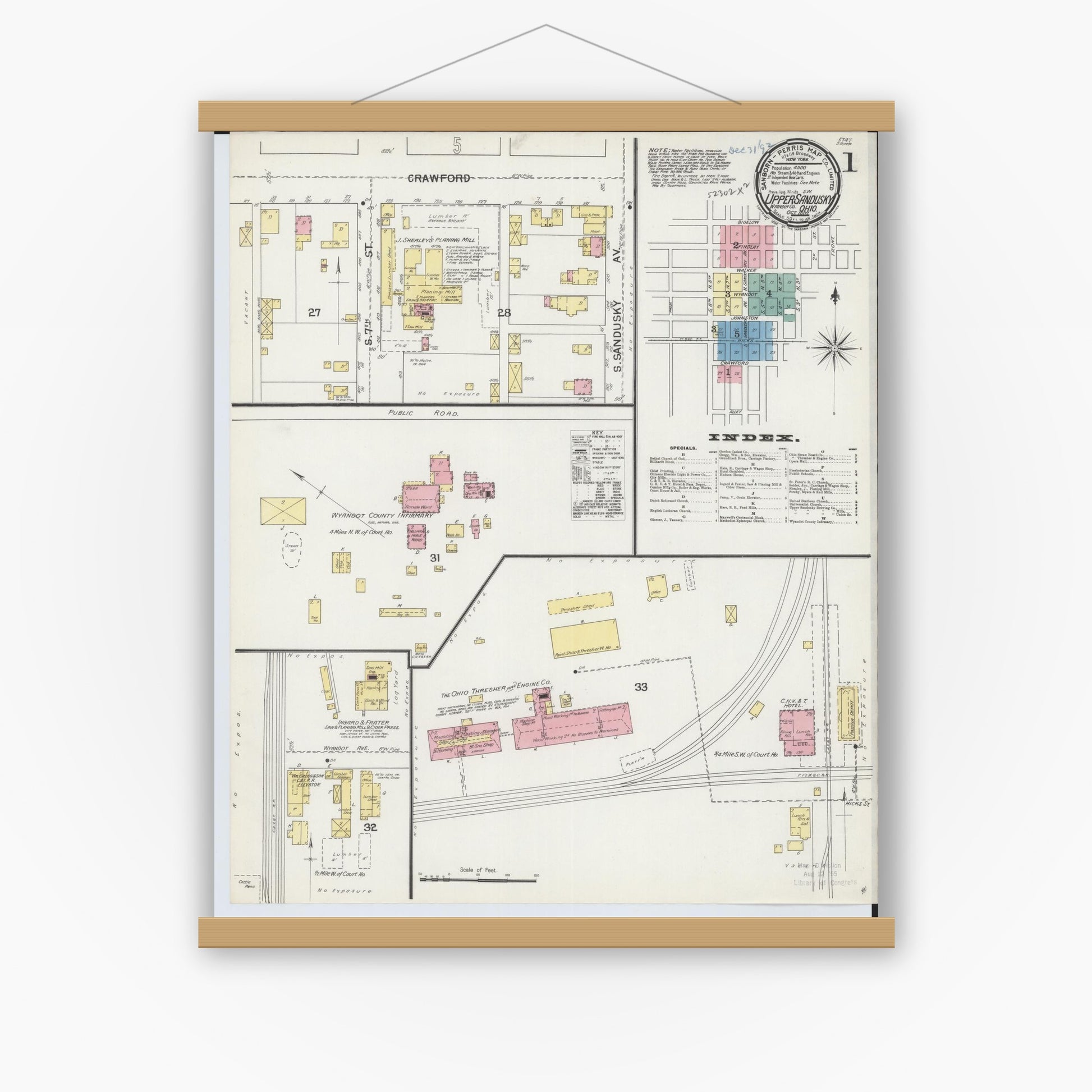 Old map wall art mockup — magnetic wood frame on white wall — Sanborn Fire Insurance Map from Upper Sandusky, Wyandot County, Ohio (1892) - Complete Map Set