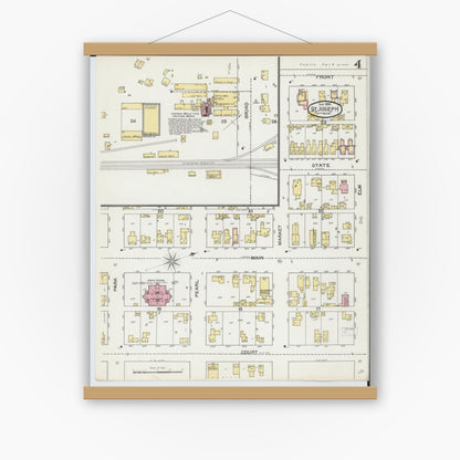 Old map wall art mockup — magnetic wood frame on white wall — Sanborn Fire Insurance Map from Saint Joseph, Berrien County, Michigan (1892), Sheet #0004