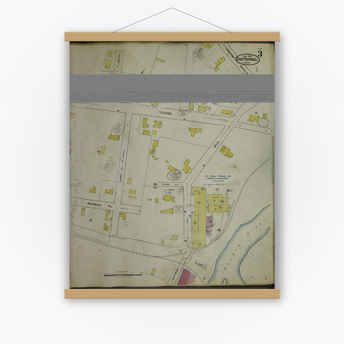 Old map wall art mockup — magnetic wood frame on white wall — Sanborn Fire Insurance Map from East Pepperell, Middlesex County, Massachusetts (1953), Sheet #0003