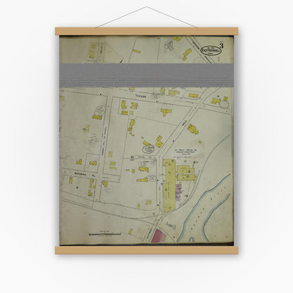 Old map wall art mockup — magnetic wood frame on white wall — Sanborn Fire Insurance Map from East Pepperell, Middlesex County, Massachusetts (1953), Sheet #0003