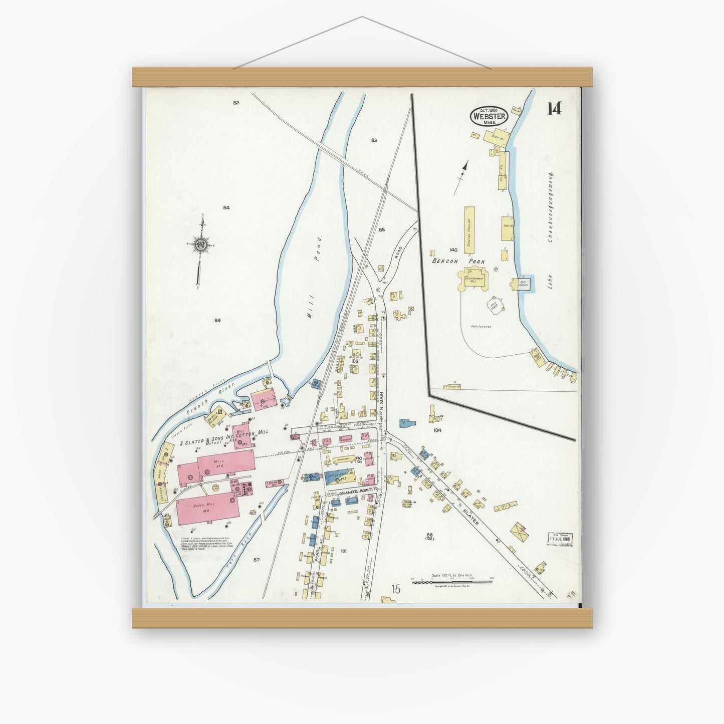 Old map wall art mockup — magnetic wood frame on white wall — Sanborn Fire Insurance Map from Webster, Worcester County, Massachusetts (1920), Sheet #0014