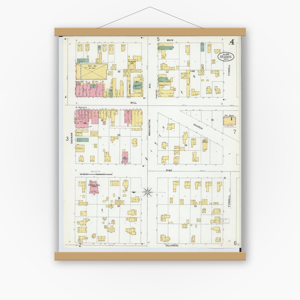 Old map wall art mockup — magnetic wood frame on white wall — Sanborn Fire Insurance Map from Saint Louis, Gratiot County, Michigan (1899), Sheet #0004